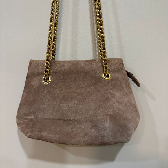 Handbags - Taupe Suede Shoulder Bag with Gold Chain‎ Strap Classic Purse